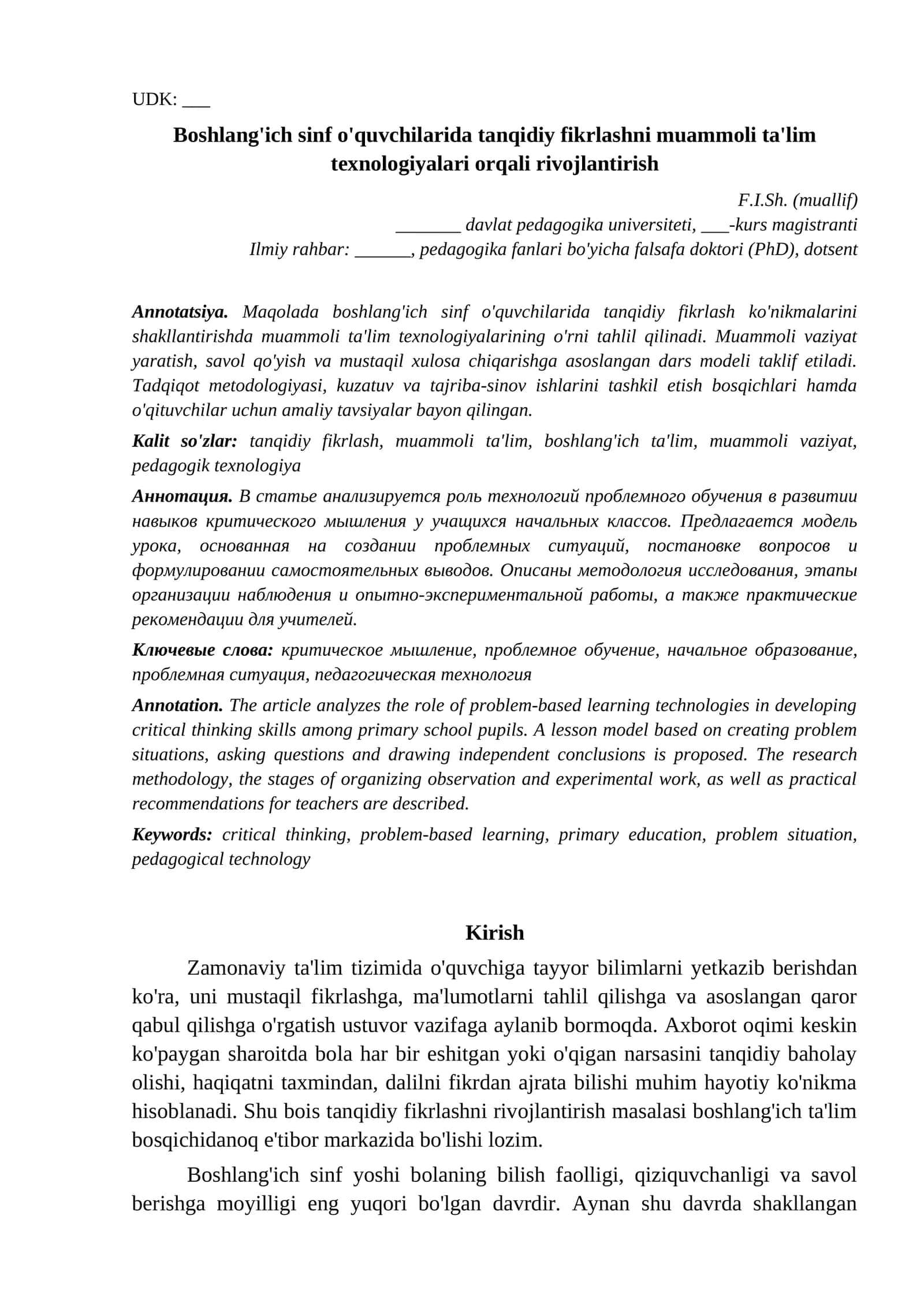 Na'muna maqola Pedagogika Boshlangich sinf oquvchilarida tanqidiy fikrlashni muammoli namuna