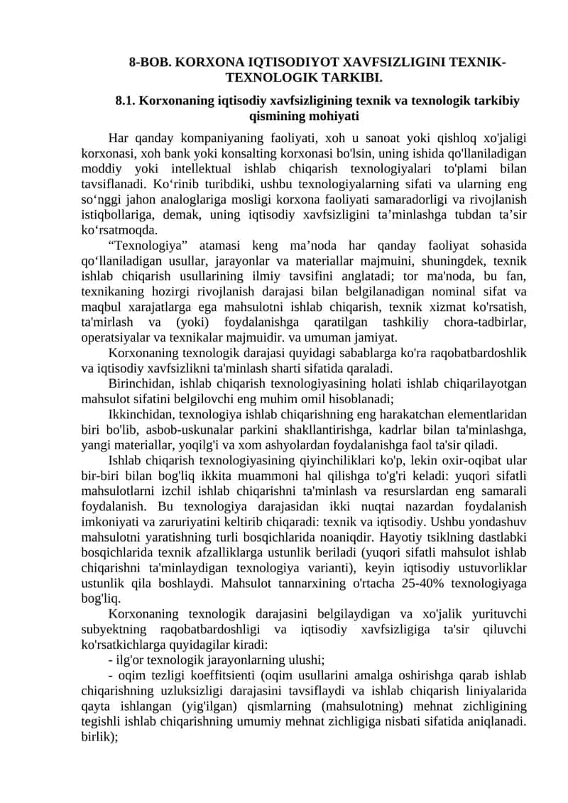 BOB. KORXONA IQTISODIYOT XAVFSIZLIGINI TEXNIK-TEXNOLOGIK TARKIBI