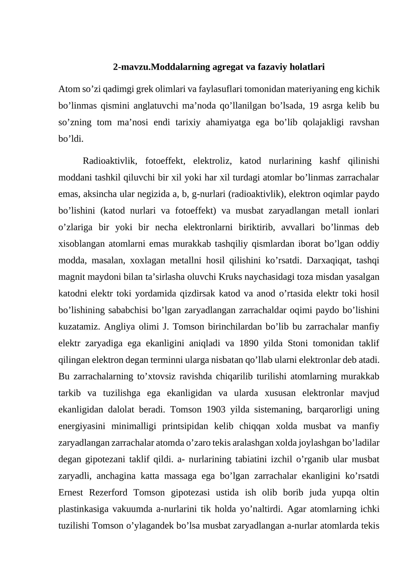 2-mavzu.Moddalarning agregat va fazaviy holatlari
