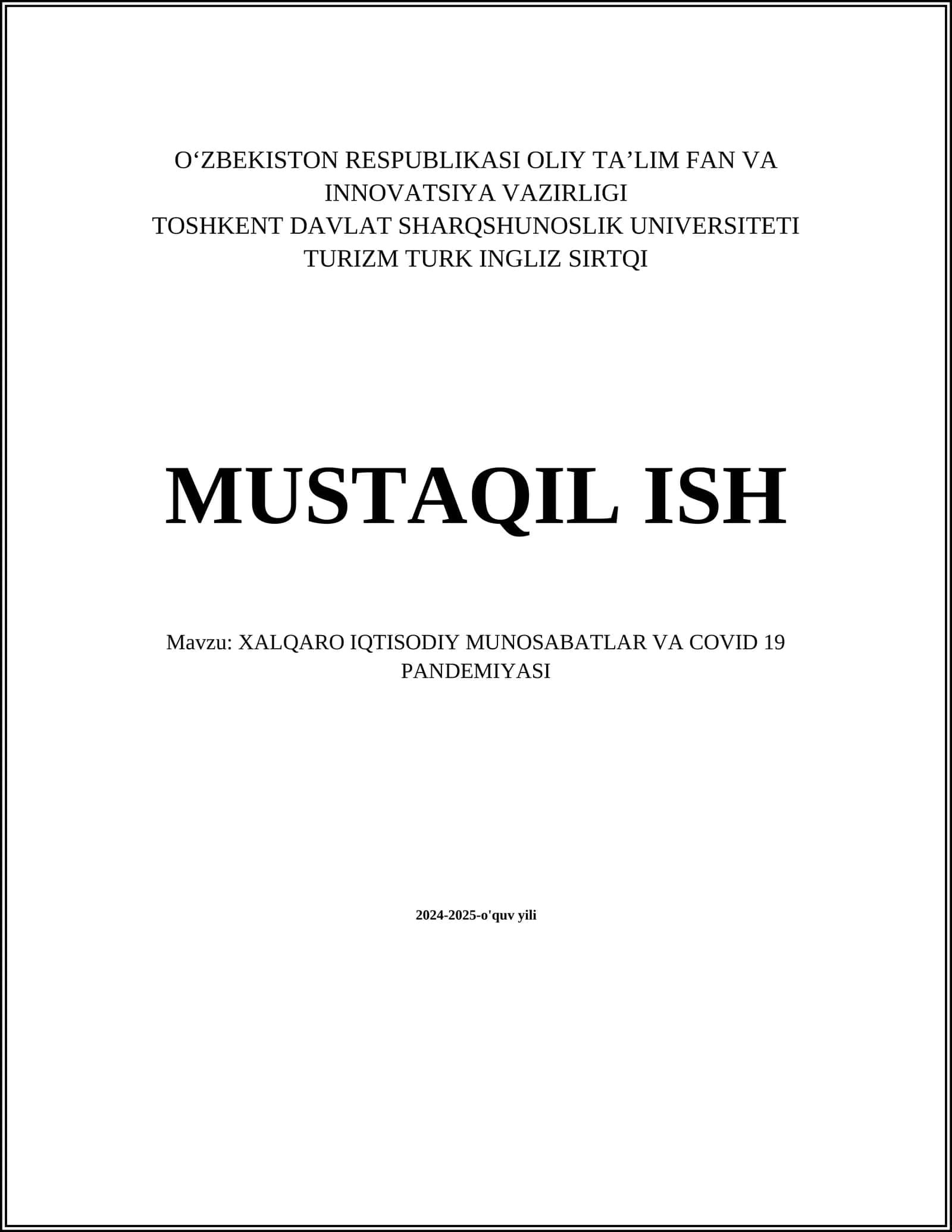 XALQARO IQTISODIY MUNOSABATLAR VA COVID 19 PANDEMIYASI