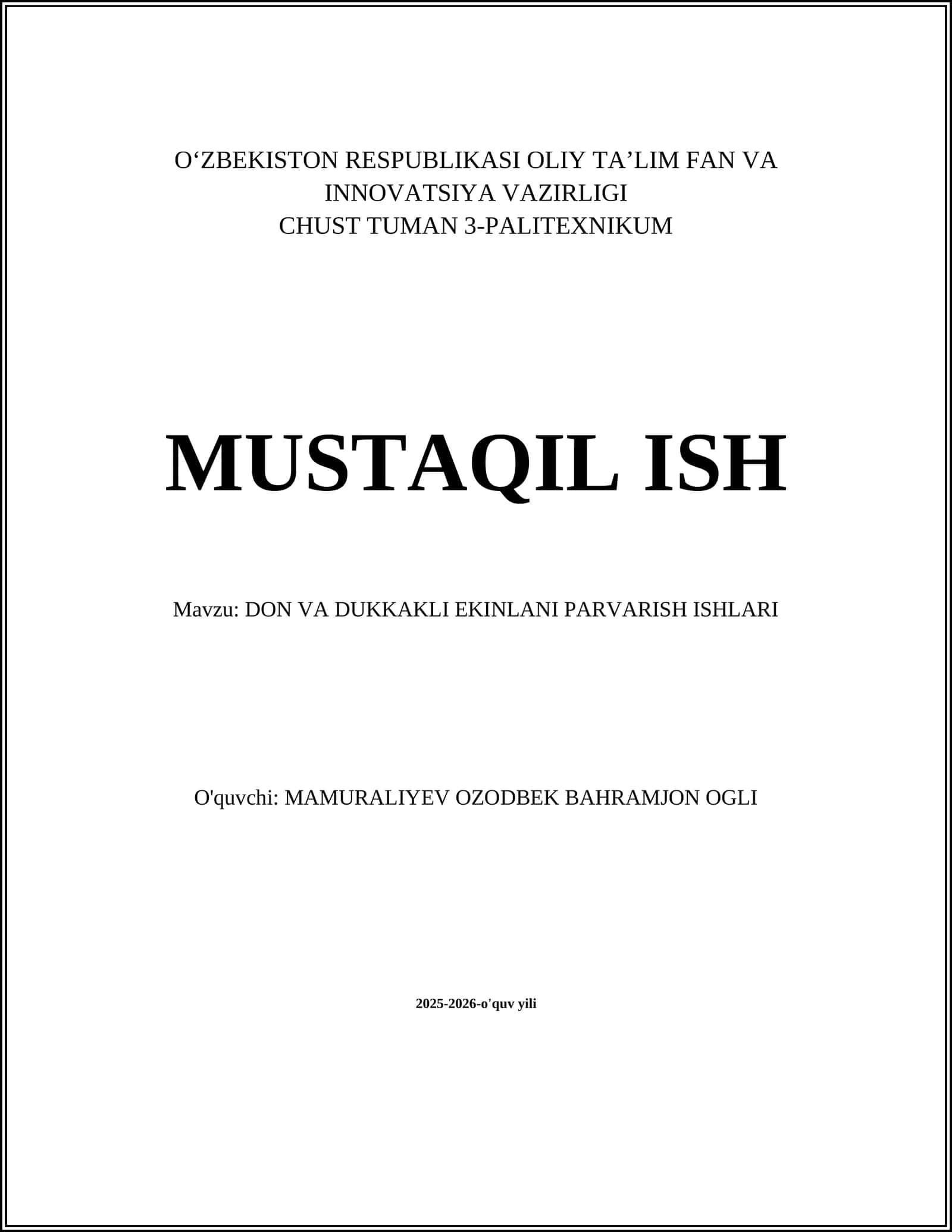 DON VA DUKKAKLI EKINLANI PARVARISH ISHLARI