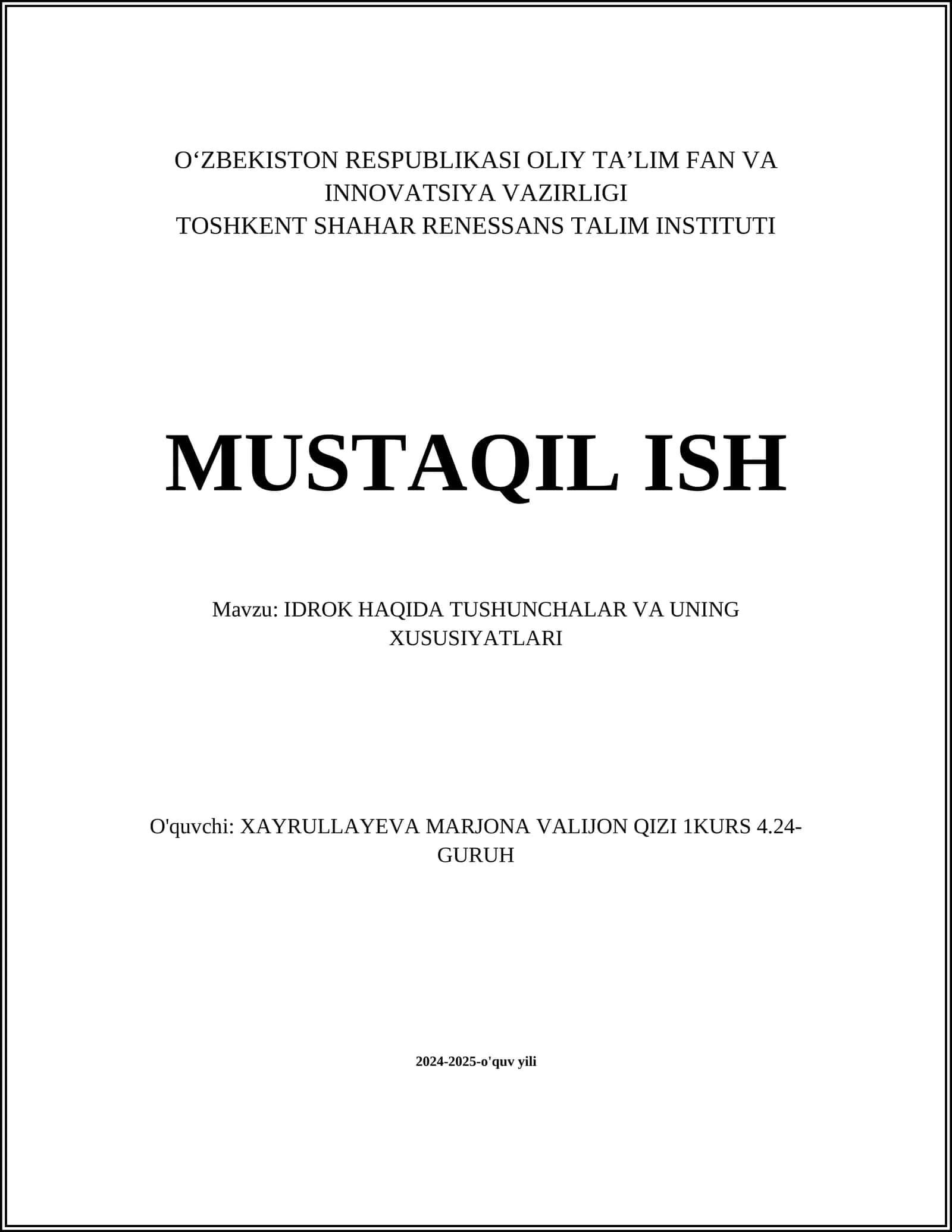 IDROK HAQIDA TUSHUNCHALAR VA UNING XUSUSIYATLARI