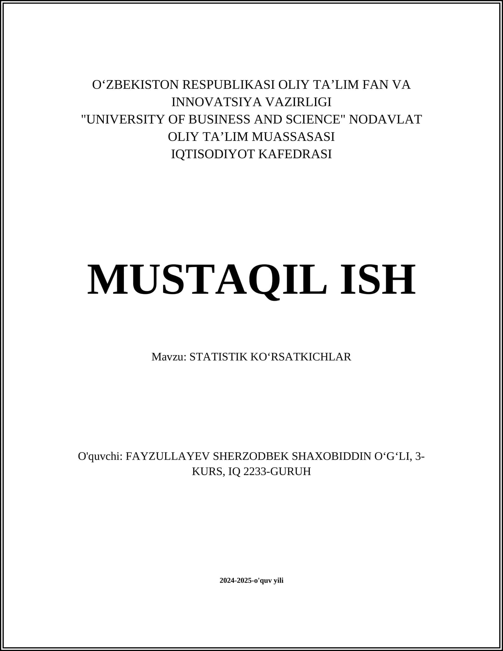 STATISTIK KO‘RSATKICHLAR